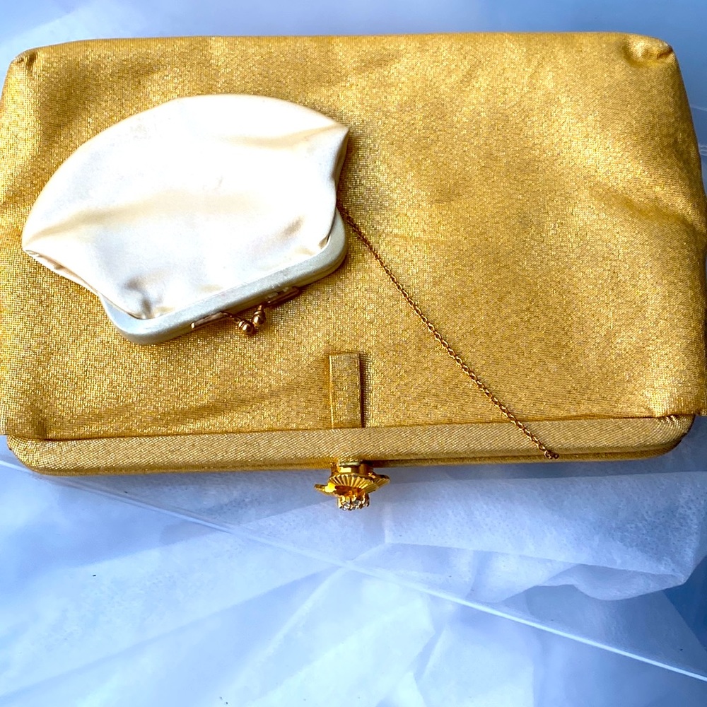 Vintage MAGID Gold Clutch Handbag Purse Wallet kiss closure & attached money bag
